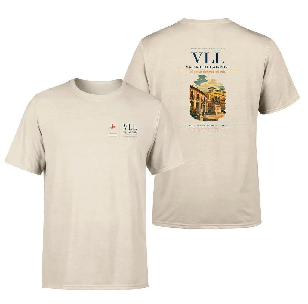 Valladolid Airport (VLL) design printed on beige double-side t-shirt