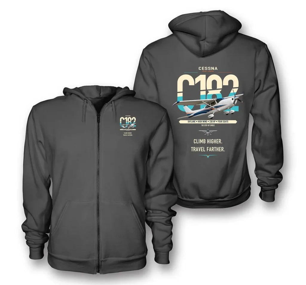 Cessna 182 Skylane design on dark gray premium zipped hoodie, double-side print