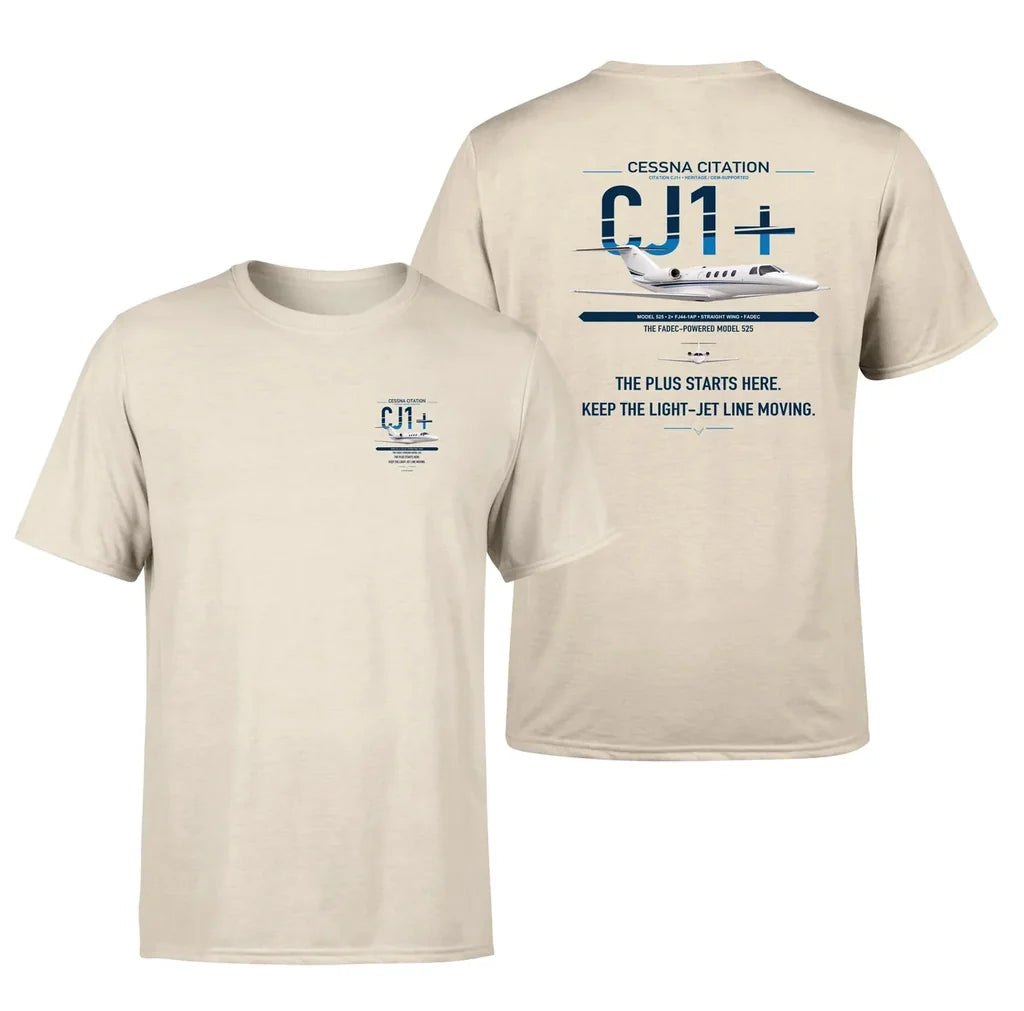 Cessna Citation CJ1+ design on beige double-side t-shirt, double-side print