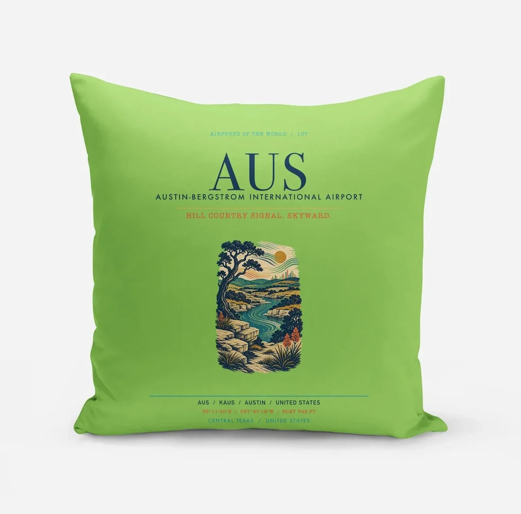 Austin-Bergstrom International Airport (AUS) design on light green pillow