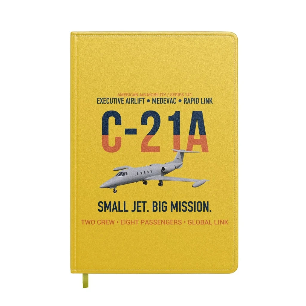 C-21A Learjet Small Jet Big Mission design on yellow notebook
