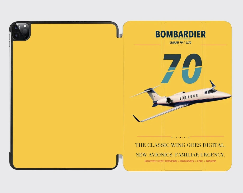 Bombardier Learjet 70 design on yellow ipad tablet case