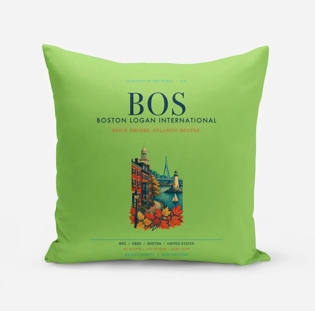Boston Logan International Airport (BOS) design on light green pillow
