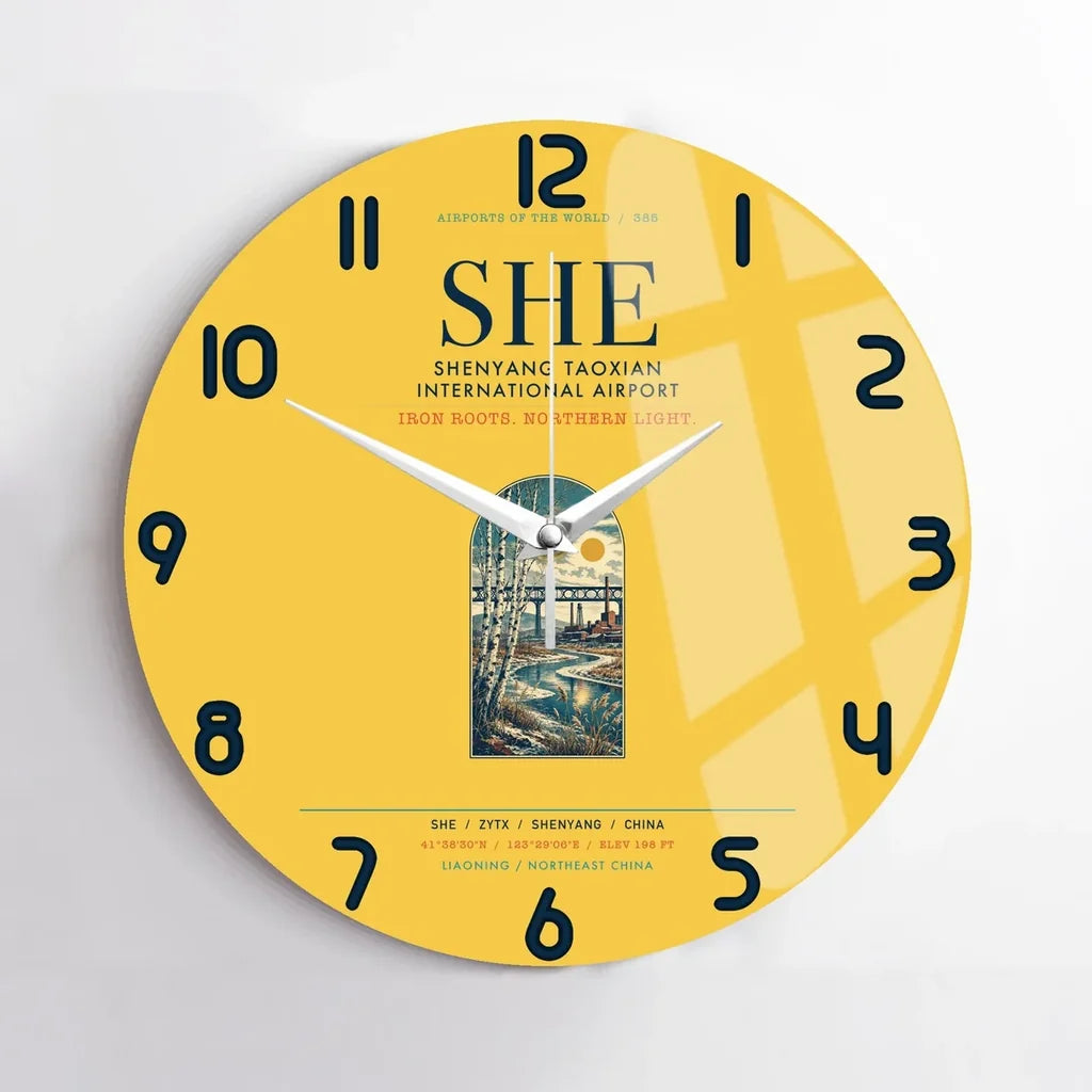 Shenyang Taoxian International Airport (SHE) design on yellow no frame wall clock