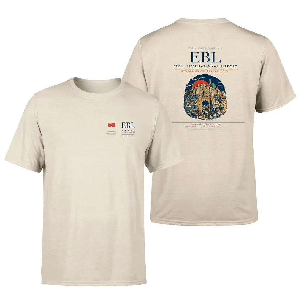 Erbil International Airport (EBL) design printed on beige double-side t-shirt