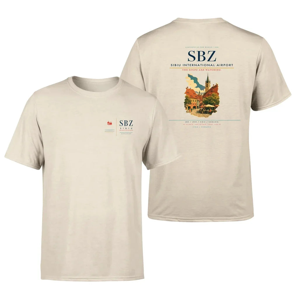 Sibiu International Airport (SBZ) design printed on beige double-side t-shirt