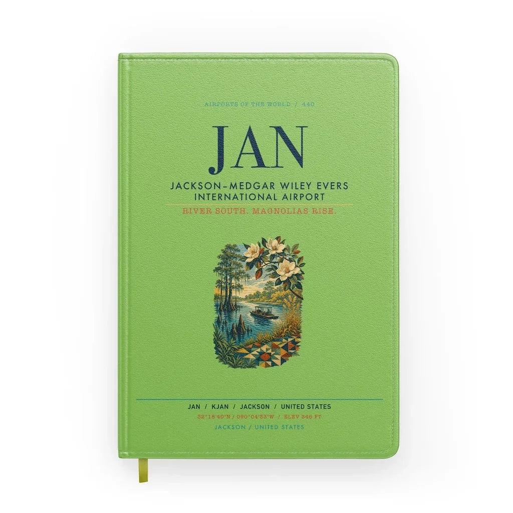 Jackson–Medgar Wiley Evers International Airport (JAN) design on light green notebook