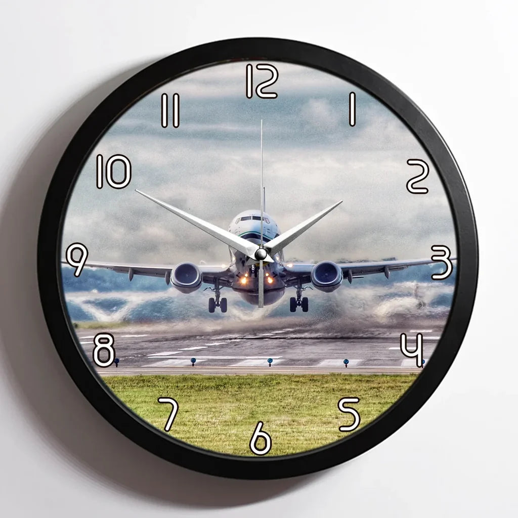 Departing Boeing 737 aviation design on premium wood and metal wall clock.