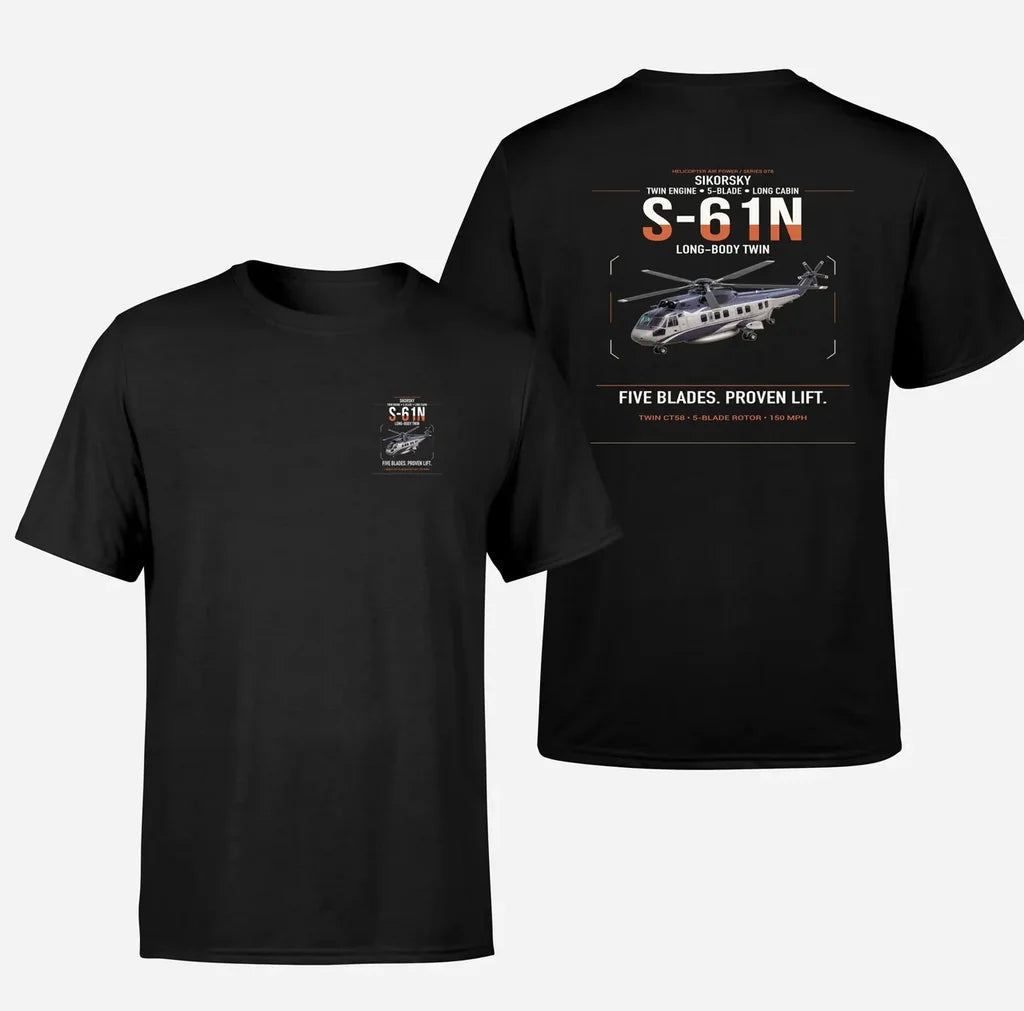 Sikorsky S-61N design on black t-shirt, double-side print
