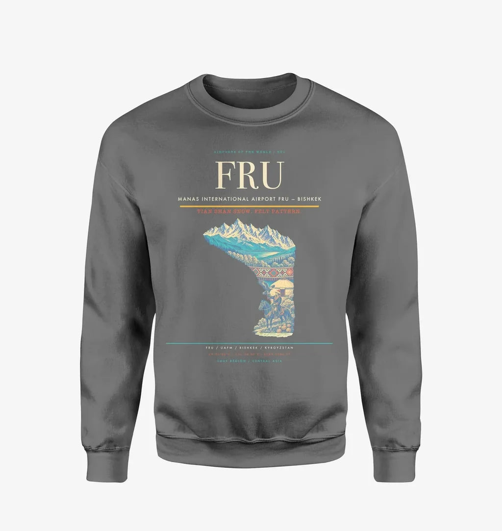 Manas International Airport (FRU) design on gray sweatshirt