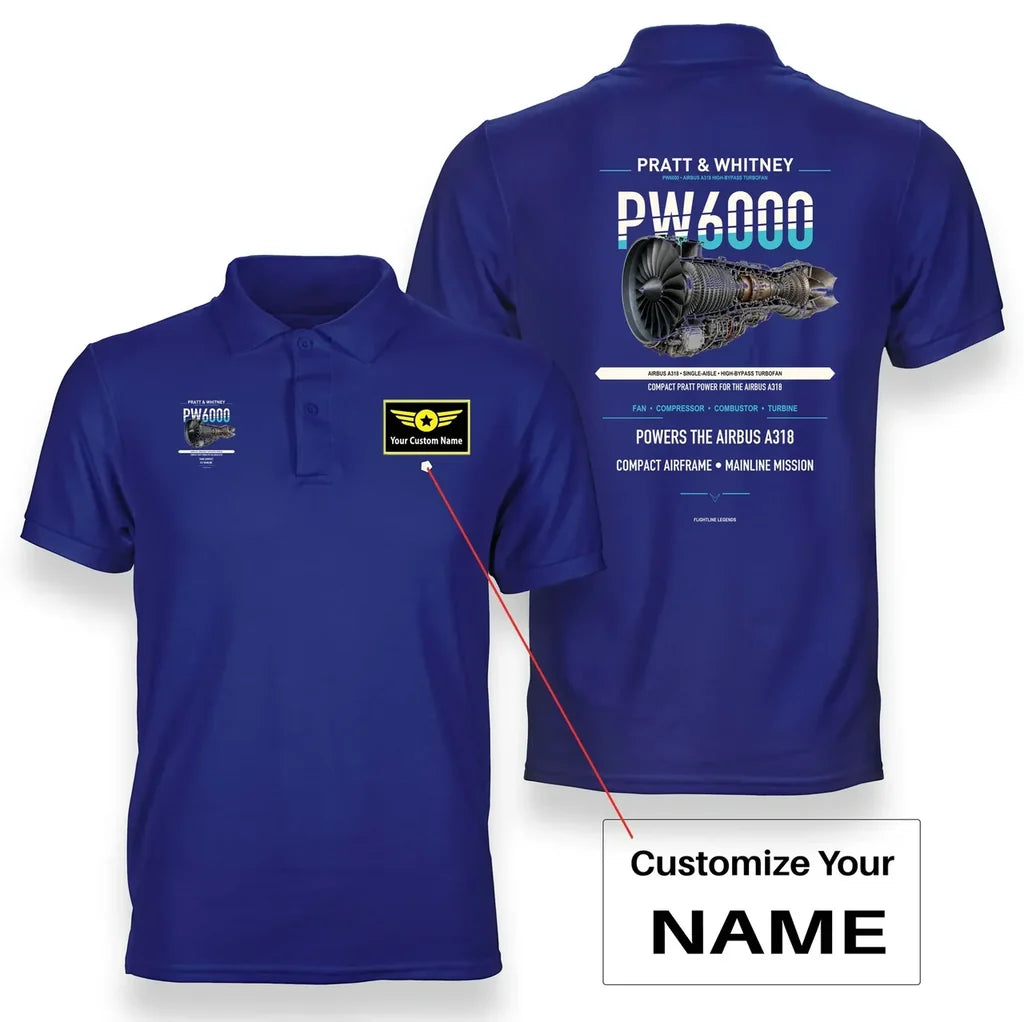 PW6000 design on blue polo with custom name badge