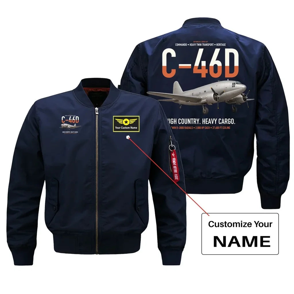 C-46D Commando design on blue+name bomber jacket, double-side print