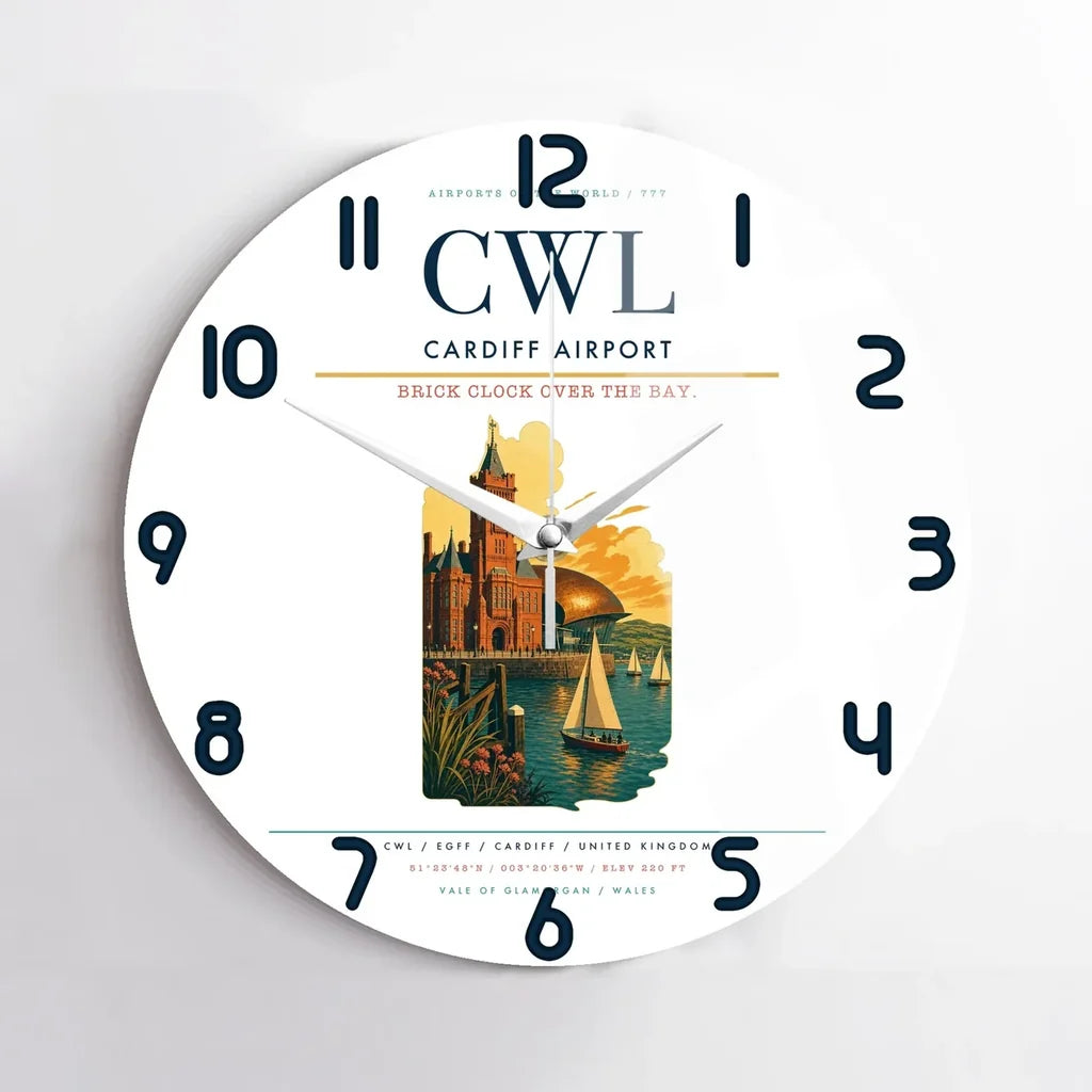 Cardiff Airport (CWL) design on white no frame wall clock