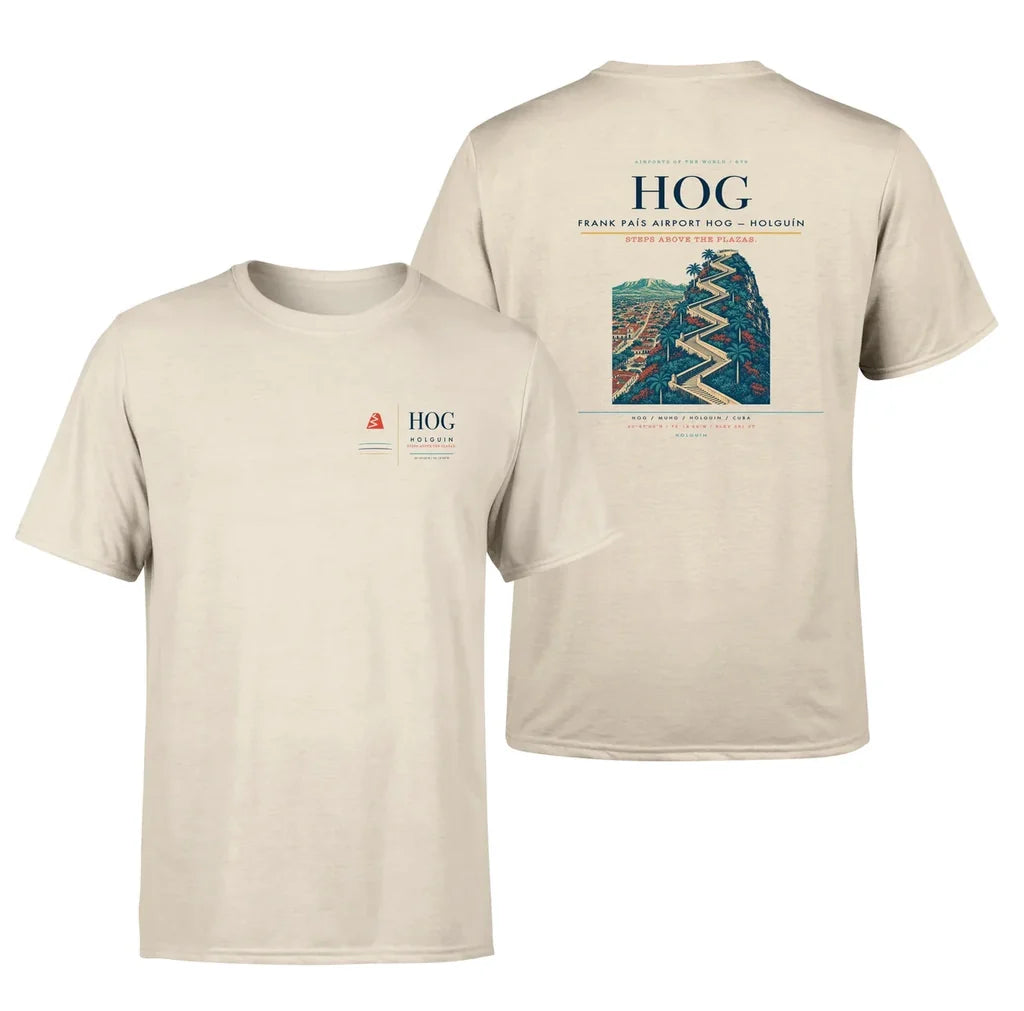 Frank País Airport (HOG) design printed on beige double-side t-shirt