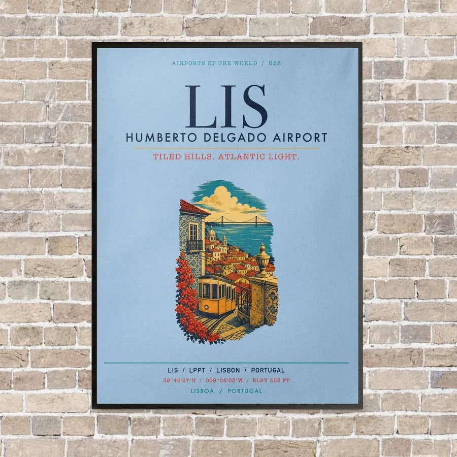 Lisbon Humberto Delgado Airport LIS vertical canvas print - framed - light blue background