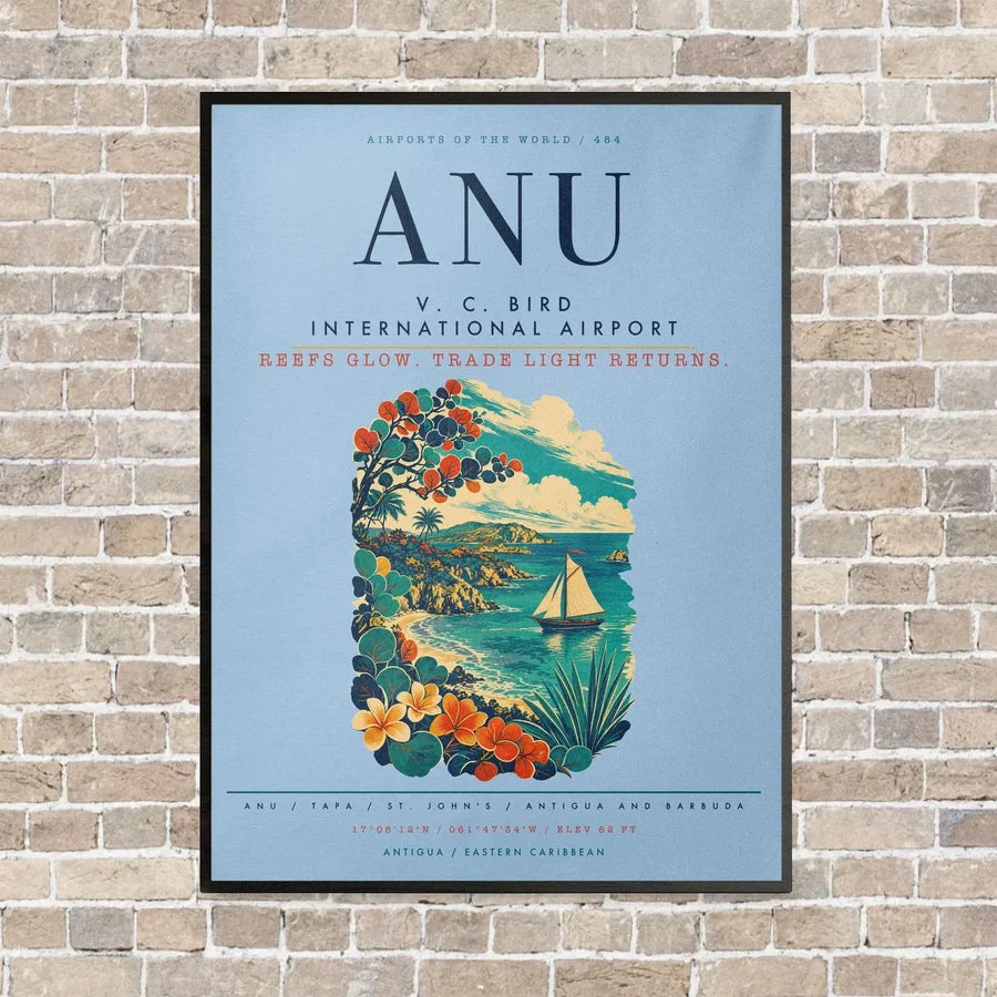 V. C. Bird International Airport ANU vertical canvas print - framed - light blue background