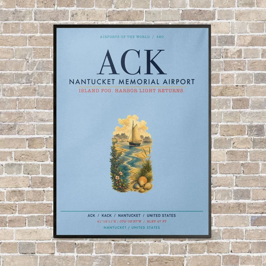 Nantucket Memorial Airport ACK vertical canvas print - framed - light blue background