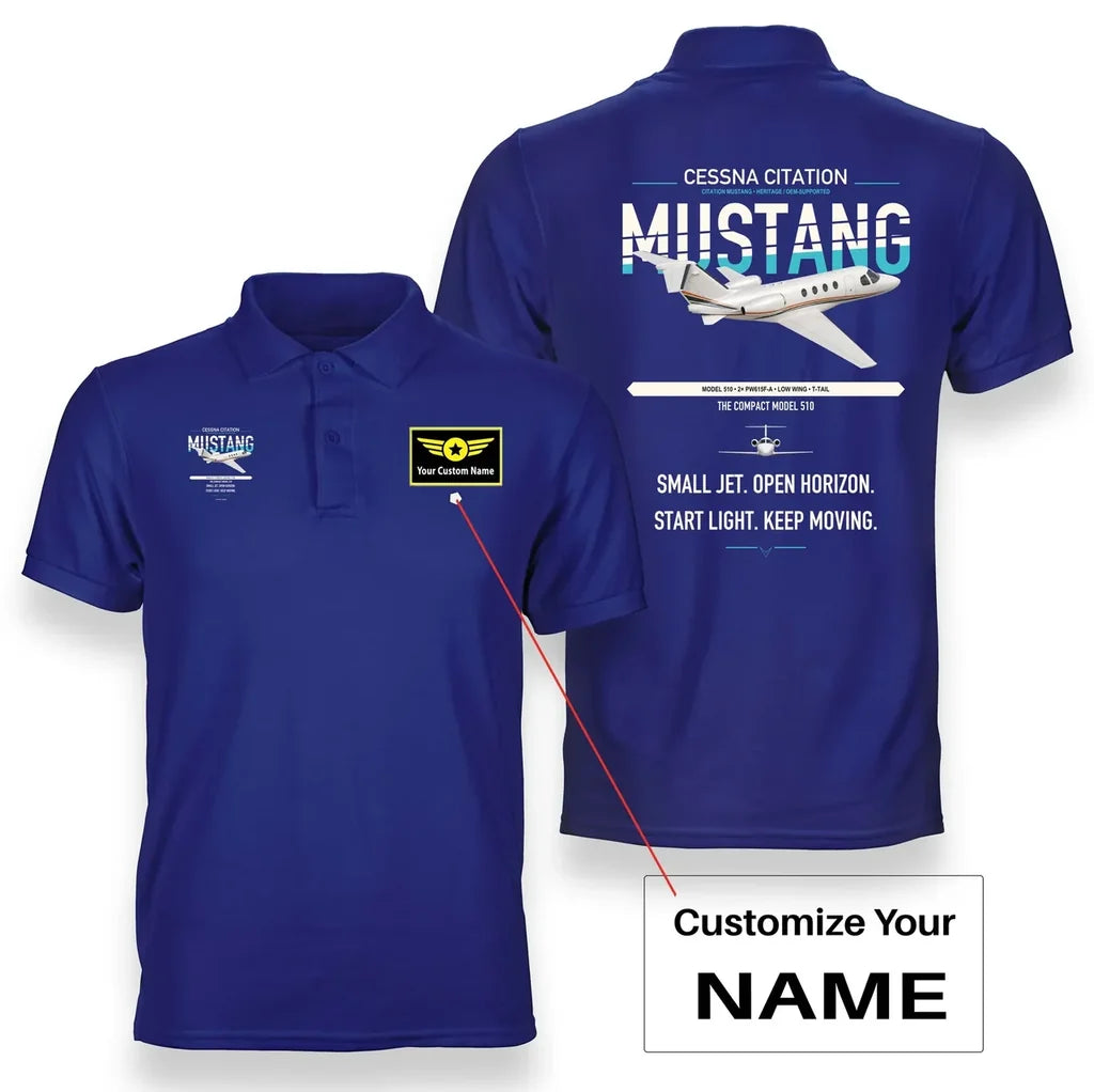 Cessna Citation Mustang design on blue+name double-side polo t-shirt, double-side print