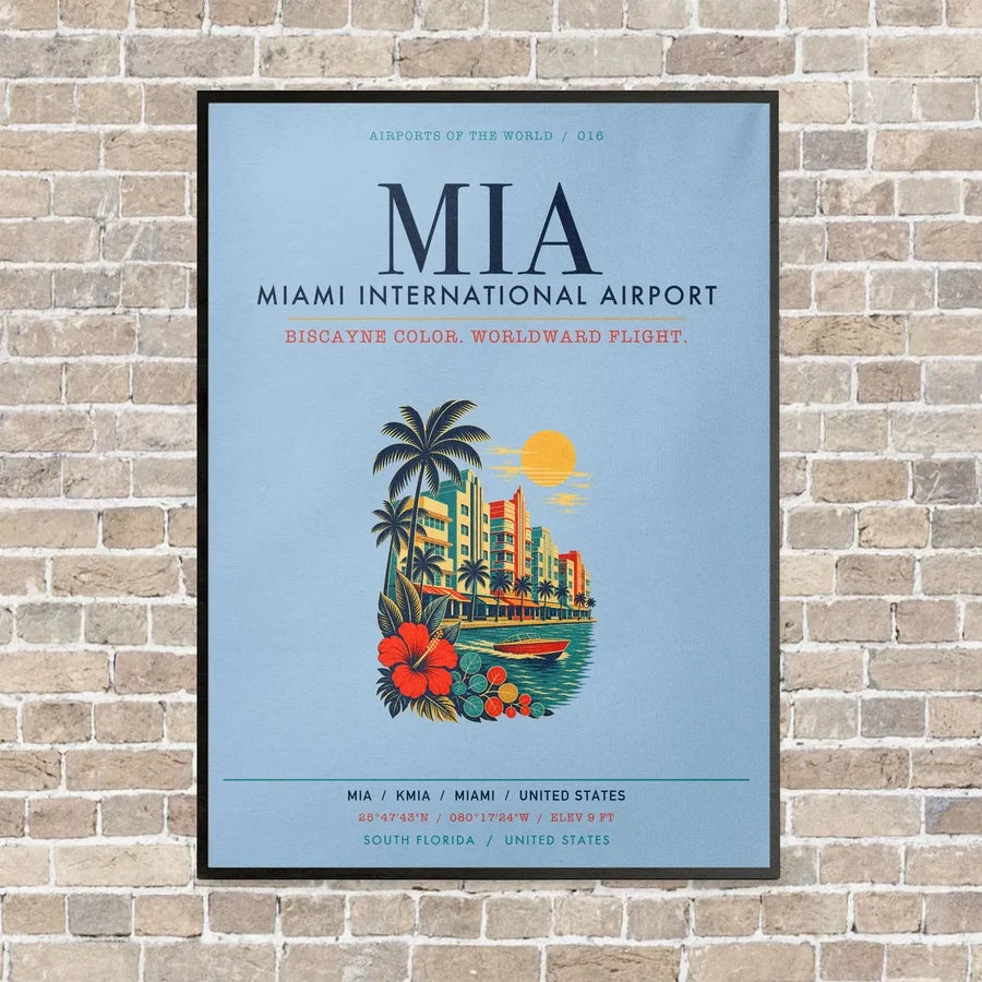 Miami International Airport MIA vertical canvas print - framed - light blue background