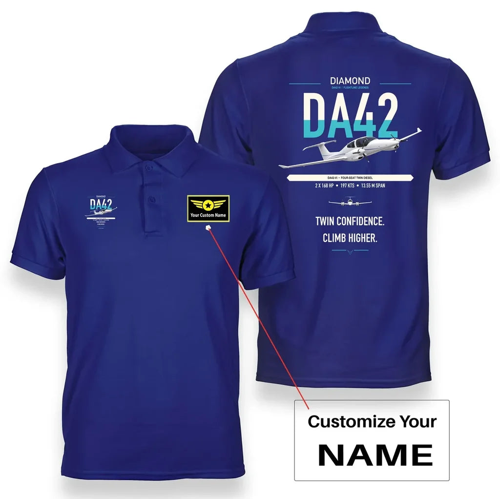 Diamond DA42-VI design on blue+name double-side polo t-shirt, double-side print