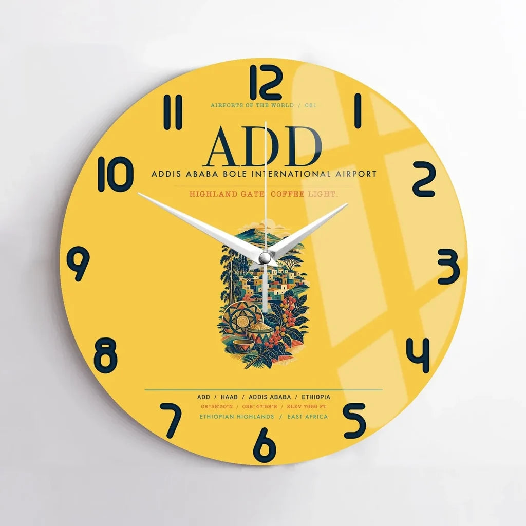 Addis Ababa Bole International Airport (ADD) design on yellow no frame wall clock