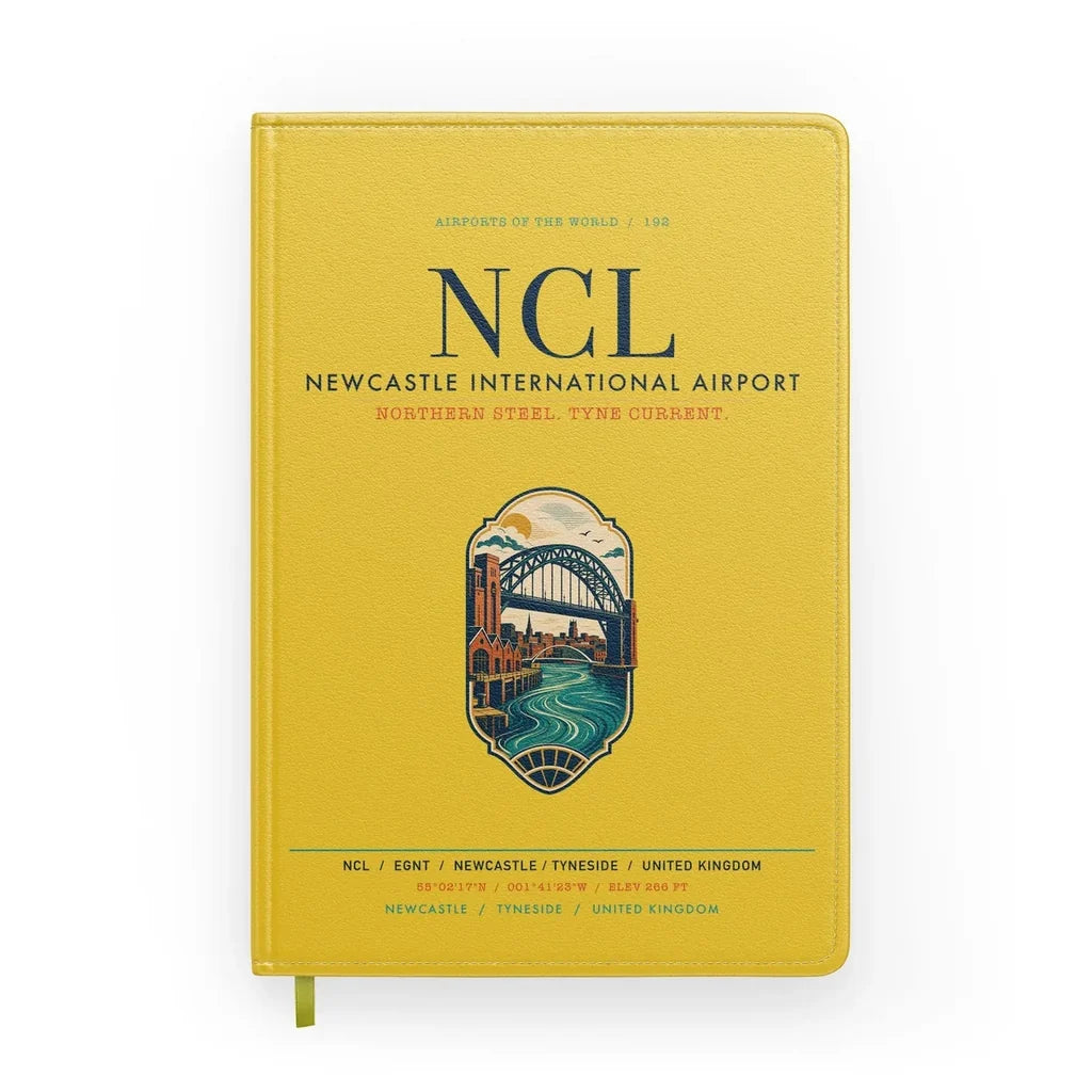 Newcastle International Airport (NCL) design on yellow notebook