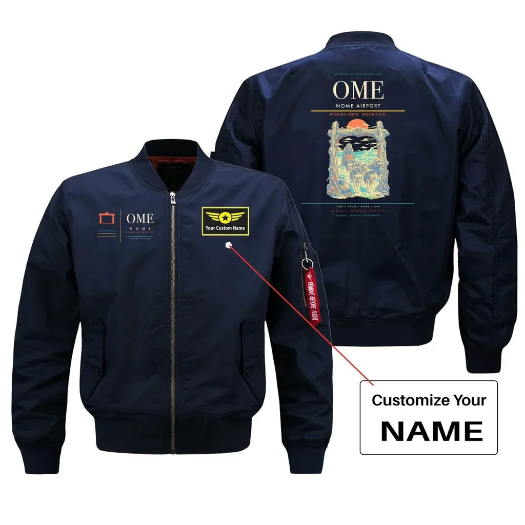 Nome Airport (OME) design on blue bomber jacket with custom name patch