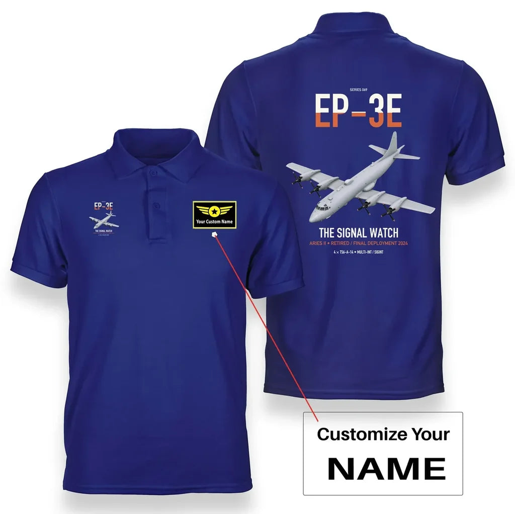 EP-3E ARIES II design on blue+name double-side polo t-shirt, double-side print