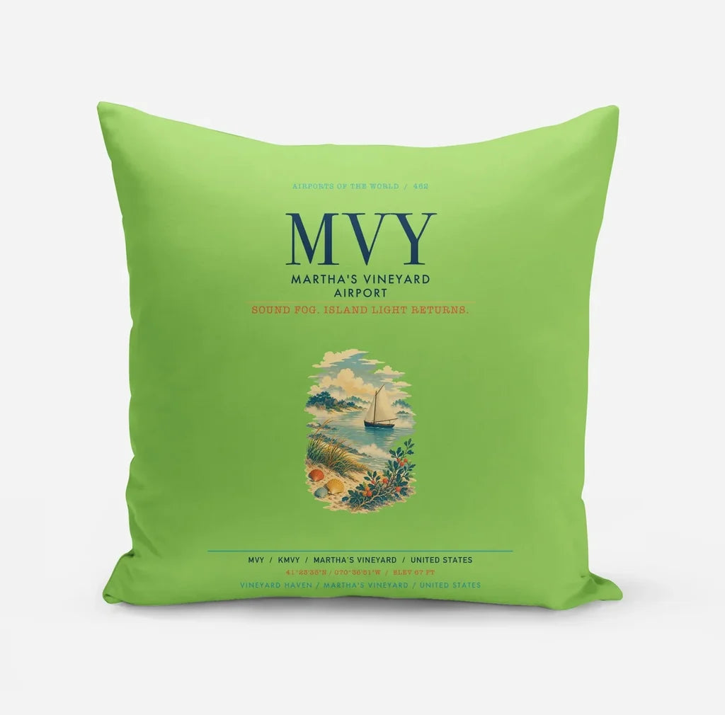 Martha's Vineyard Airport (MVY) design on light green pillow