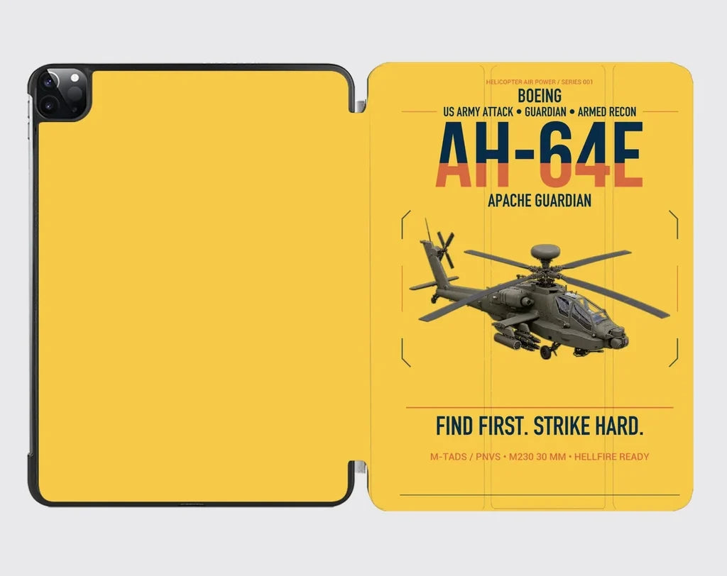 Boeing AH-64E Apache Guardian design on yellow ipad tablet case