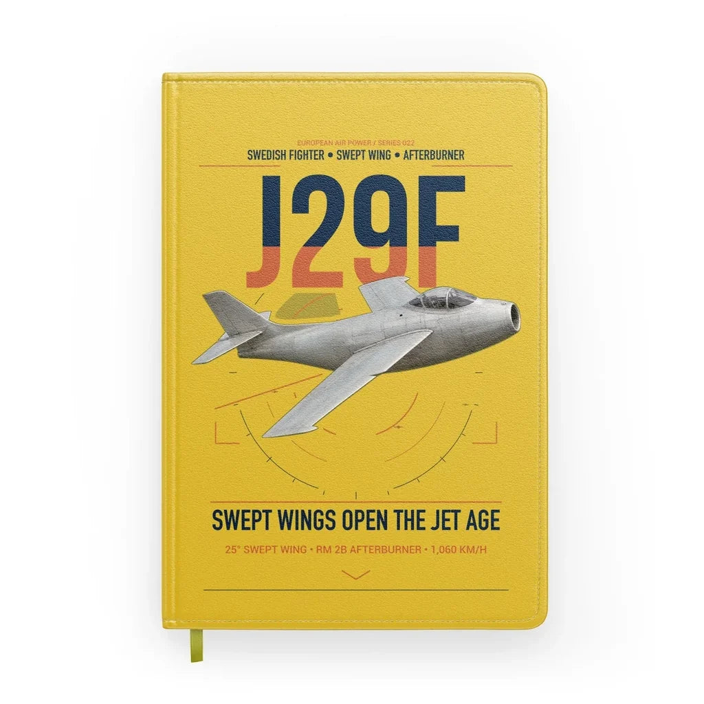 Saab J 29F Tunnan design on yellow notebook