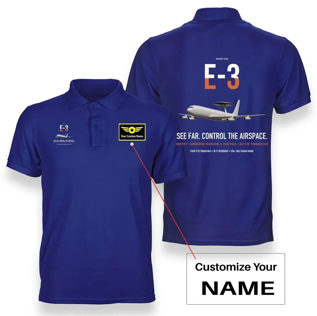 E-3 Sentry AWACS design on blue+name double-side polo t-shirt, double-side print