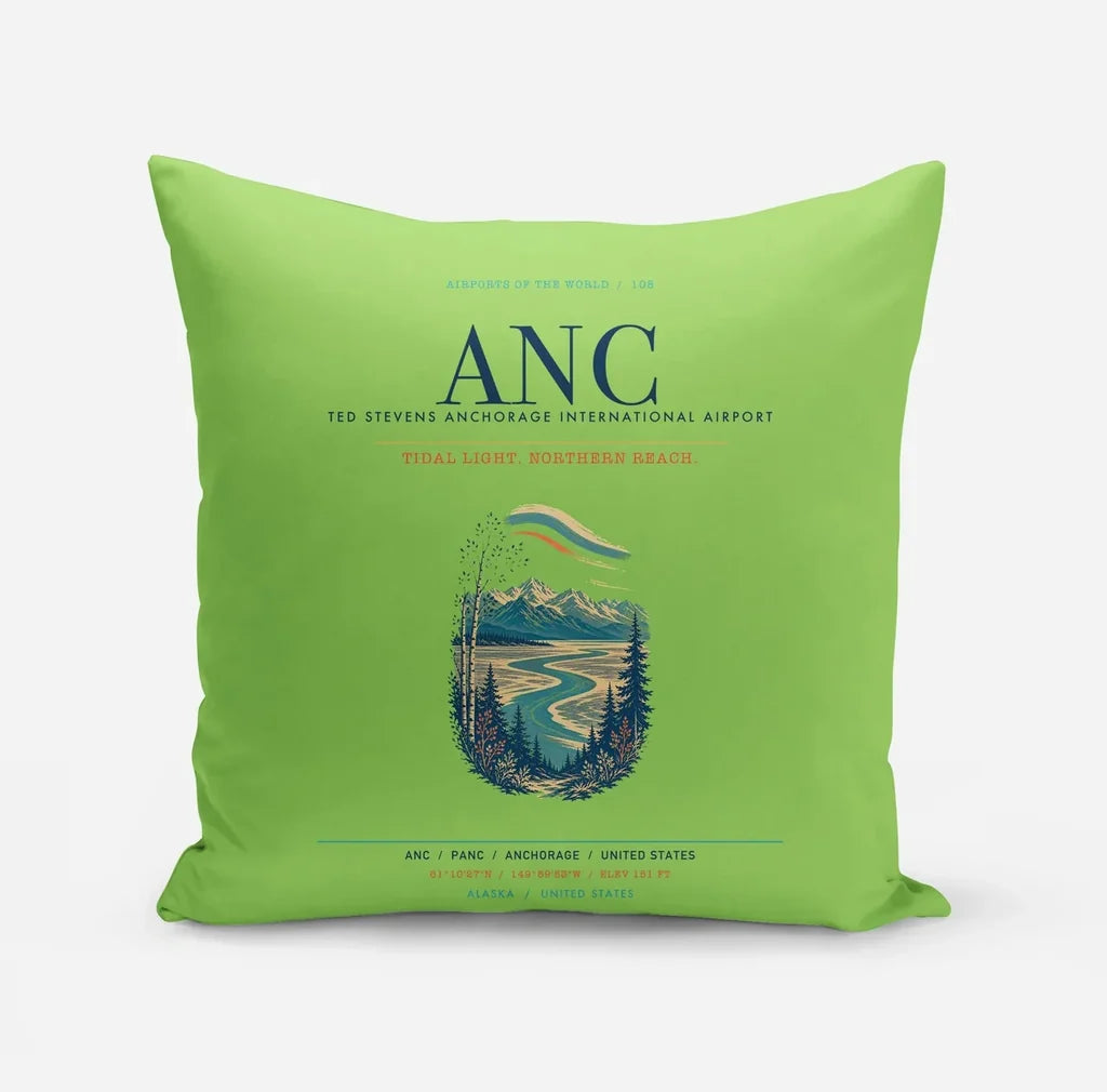 Ted Stevens Anchorage International Airport (ANC) design on light green pillow