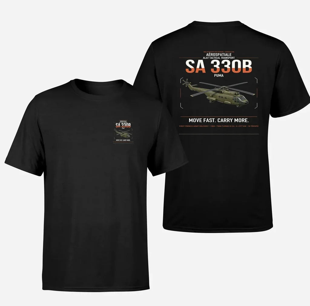 Aérospatiale SA 330B Puma design on black t-shirt, double-side print