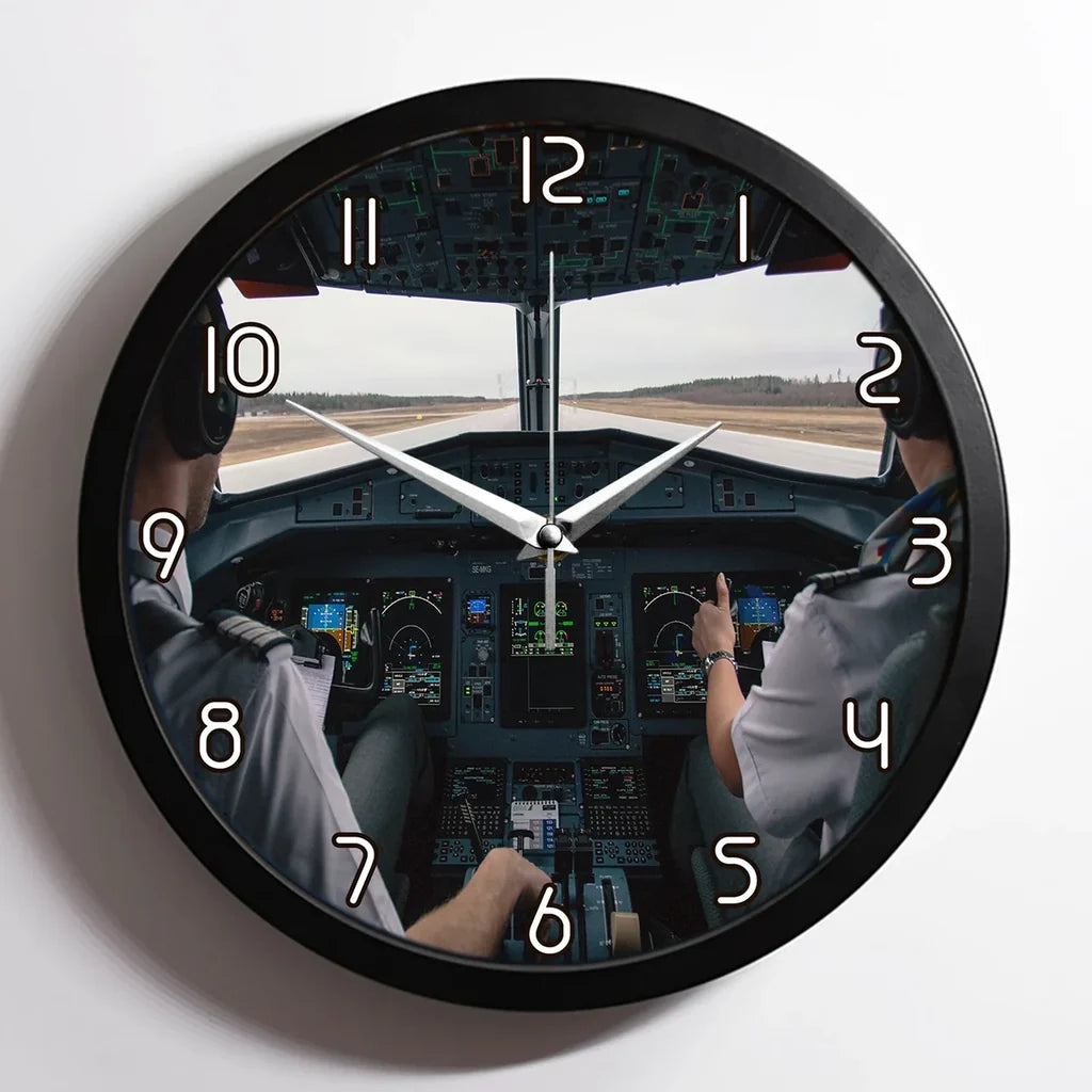 Departing Aircraft's Cockpit aviation design on premium wood and metal wall clock.