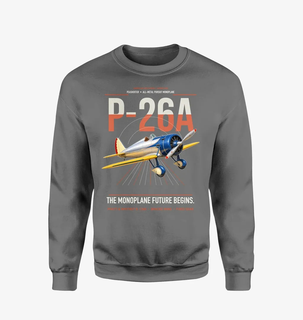 Boeing P-26A Peashooter design on gray sweatshirt