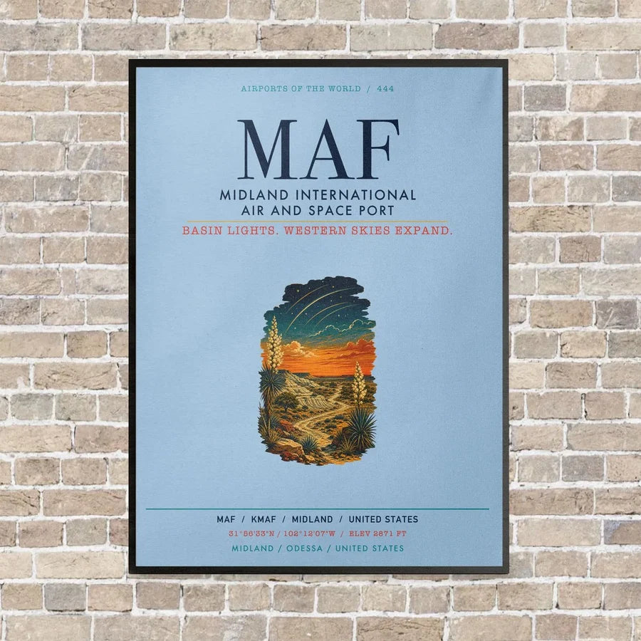 Midland International Air and Space Port MAF vertical canvas print - framed - light blue background