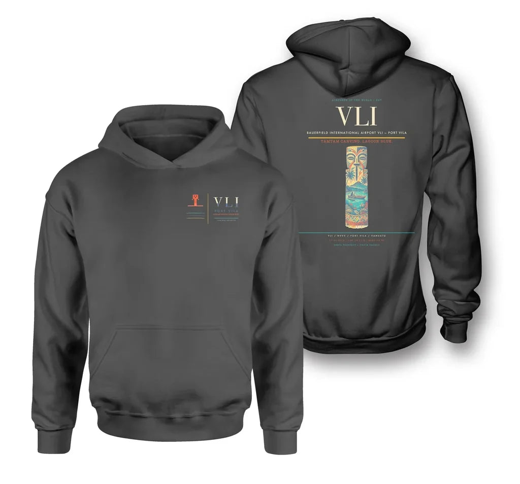 Bauerfield International Airport (VLI) design on dark gray double-side hoodie