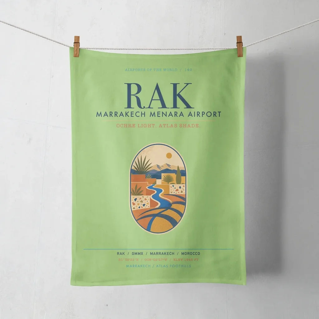 Marrakech Menara Airport (RAK) design on light green towel