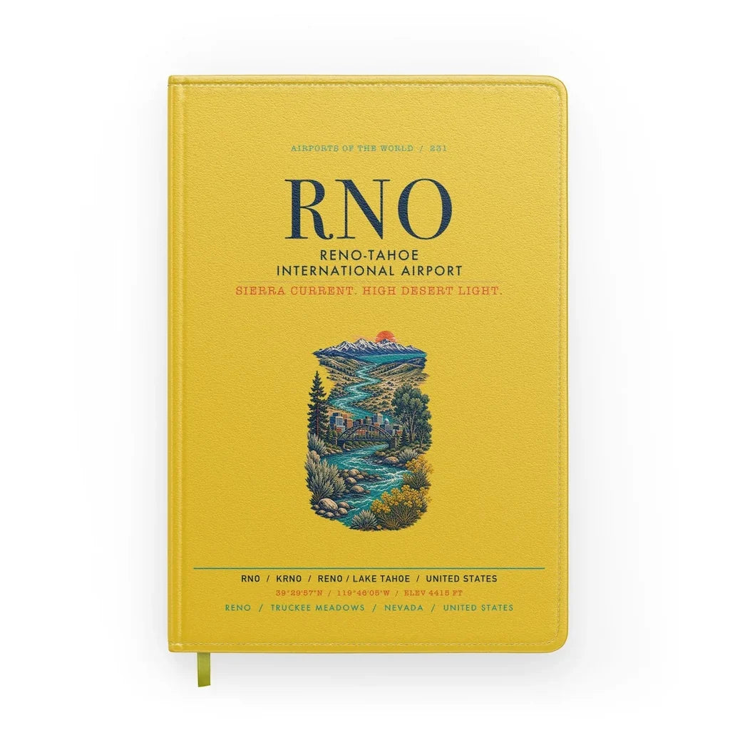Reno-Tahoe International Airport (RNO) design on yellow notebook