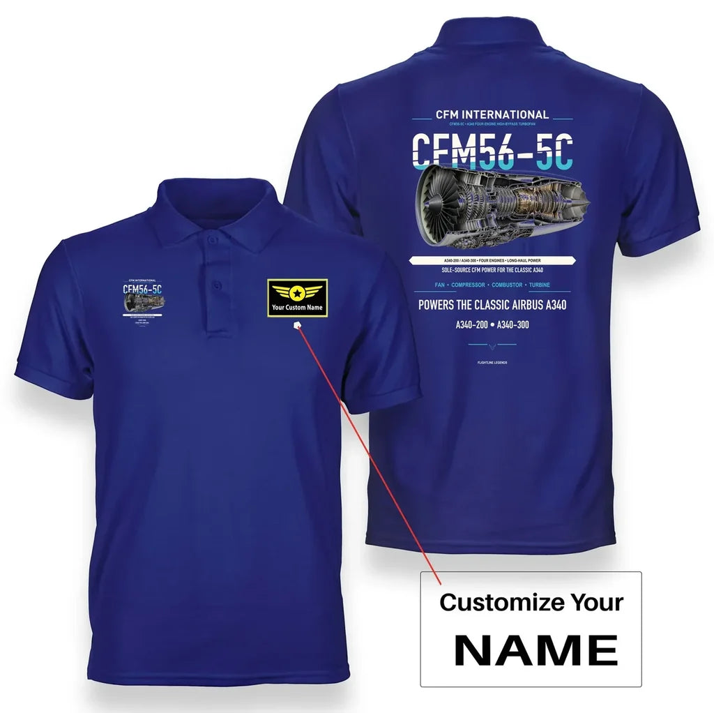 CFM56-5C design on blue polo with custom name badge