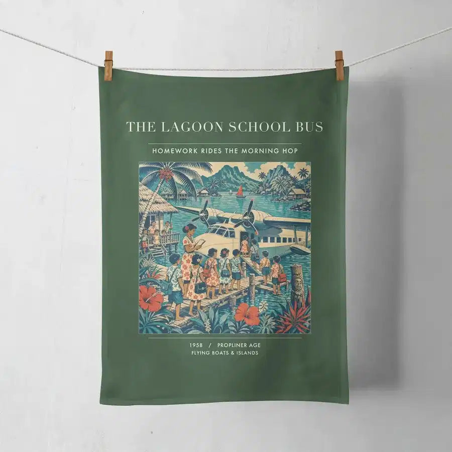 VINTAGE G4270 - The Lagoon School Bus - Designed Towels design on darkgreen