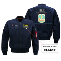 Thumbnail for Robert Gabriel Mugabe International Airport (HRE) design on blue bomber jacket with custom name patch