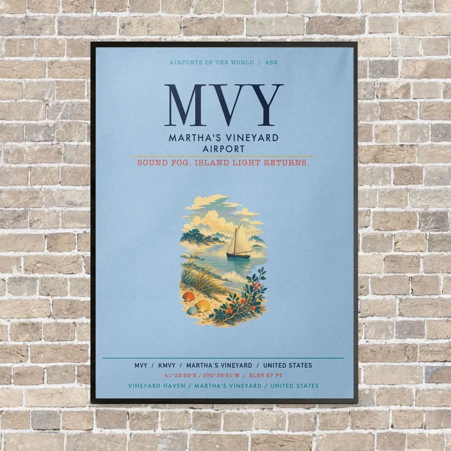 Martha's Vineyard Airport MVY vertical canvas print - framed - light blue background