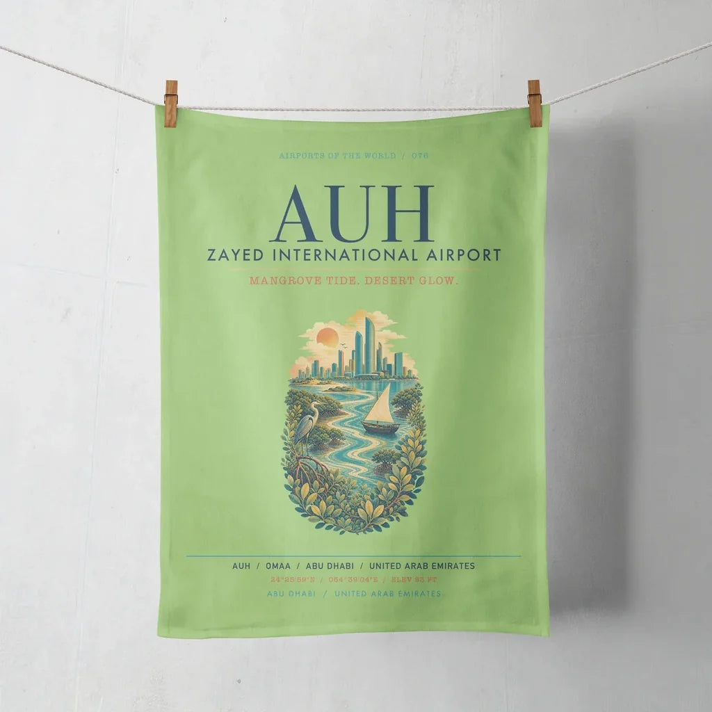 Abu Dhabi Zayed International Airport (AUH) design on light green towel