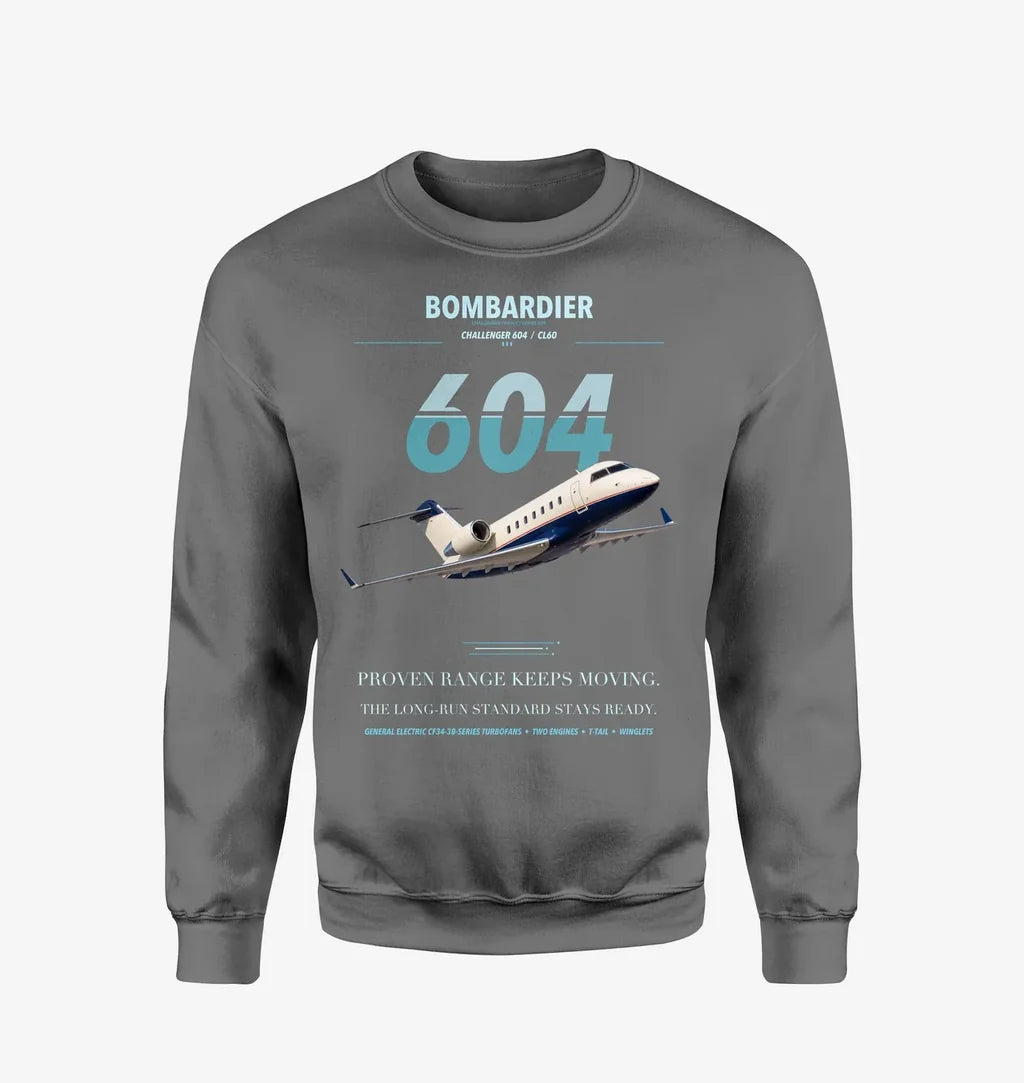 Bombardier Challenger 604 design on gray sweatshirt