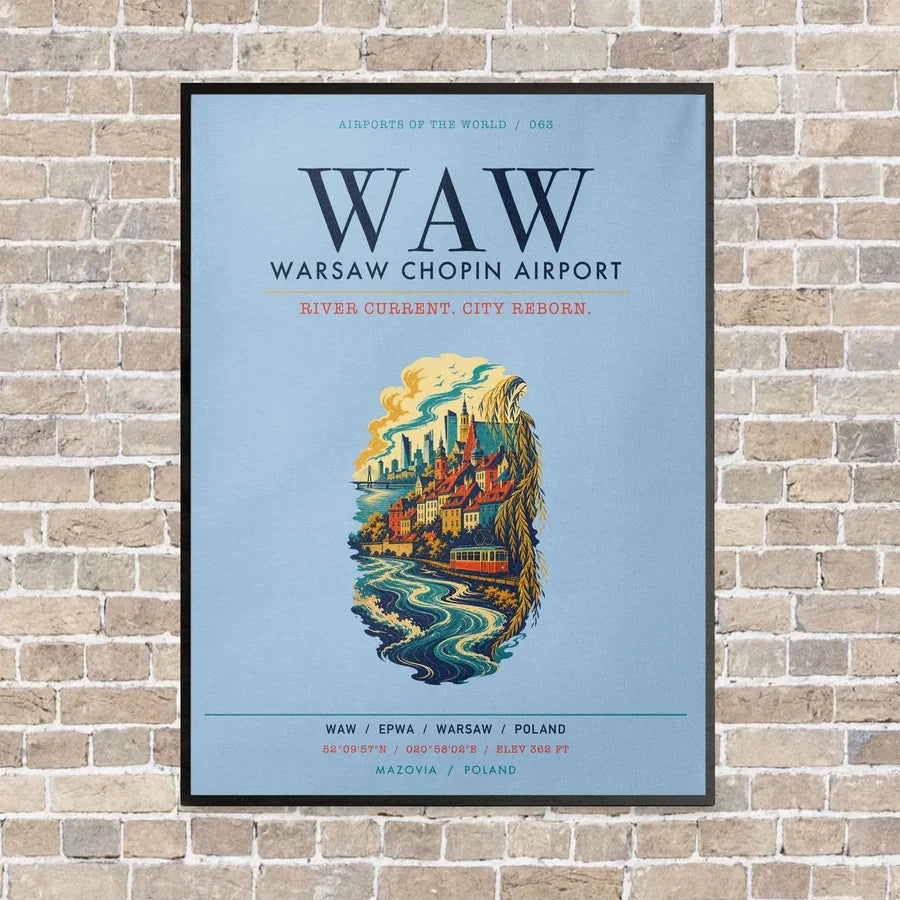 Warsaw Chopin Airport WAW vertical canvas print - framed - light blue background