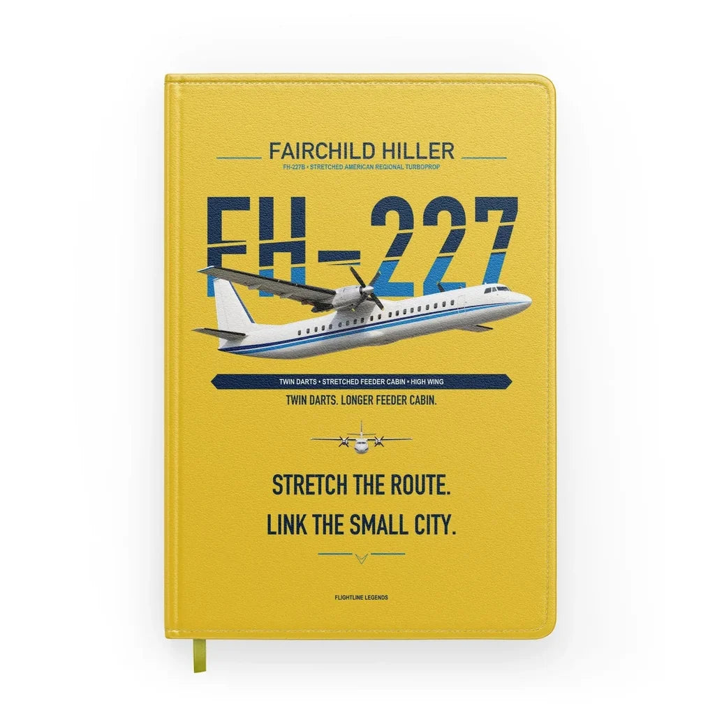 Fairchild Hiller FH-227B design on yellow notebook