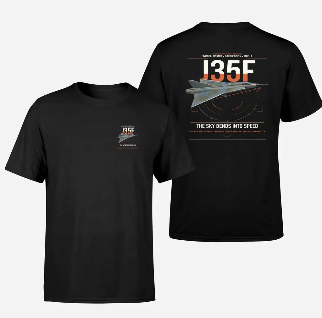 Saab J 35F Draken design on black t-shirt, double-side print