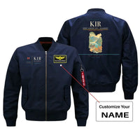 Thumbnail for Kerry Airport (KIR) design on blue bomber jacket with custom name patch